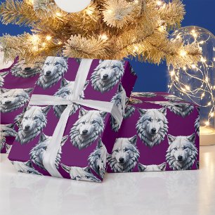 Weißes Wolfskopf-Musterdesign Lila Geschenkpapier