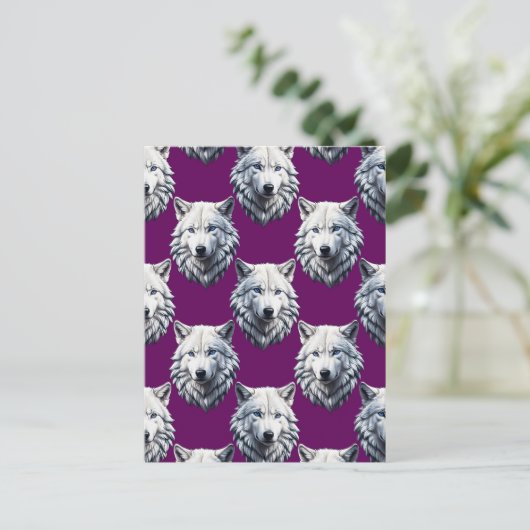 Weißes Wolfskopf-Musterdesign Lila Postkarte (Stehend Vorderseite)