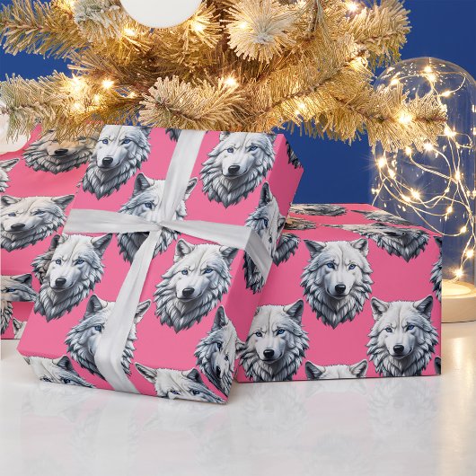 Weißes Wolfskopf-Musterdesign Rosa Geschenkpapier