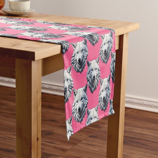 Weißes Wolfskopf-Musterdesign Rosa Kurzer Tischläufer