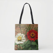 Weißes Zinnia und Rote Zinnia Tote Tasche (Vorderseite)