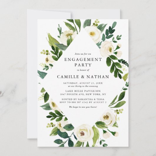Weißfarbene Blume Frame Engagement Party Einladung (Vorderseite)