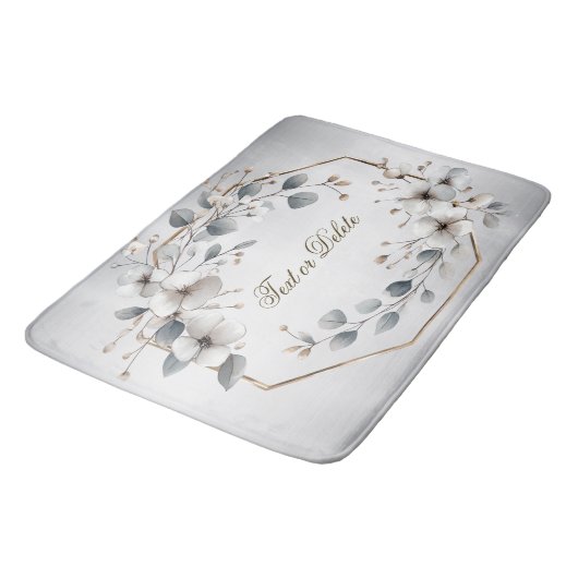 Weißfarbene Blume Golden Frame Silber Aquamarin Badematte (Schrägansicht)