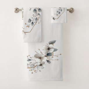 Weißfarbene Blume Golden Frame Silber Aquamarin Badhandtuch Set