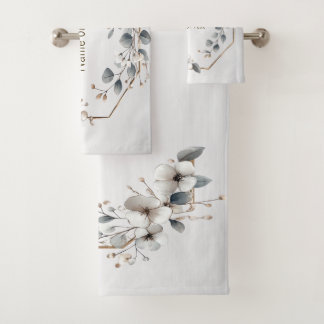 Weißfarbene Blume Golden Frame Silber Aquamarin Badhandtuch Set