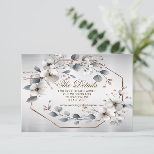 Weißfarbene Blume Golden Frame Silber Aquamarin Begleitkarte (Stehend Vorderseite)