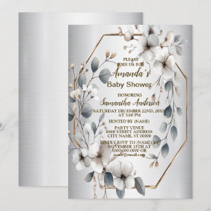 Weißfarbene Blume Golden Frame Silber Aquamarin Einladung