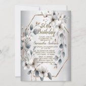 Weißfarbene Blume Golden Frame Silber Aquamarin Einladung (Vorderseite)