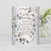 Weißfarbene Blume Golden Frame Silber Aquamarin Einladung (Stehend Vorderseite)