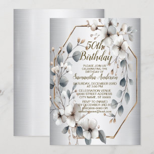 Weißfarbene Blume Golden Frame Silber Aquamarin Einladung