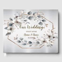 Weißfarbene Blume Golden Frame Silber Aquamarin Gästebuch