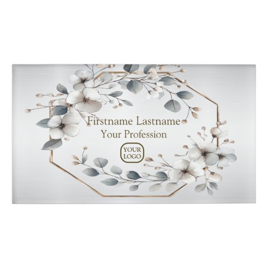 Weißfarbene Blume Golden Frame Silber Aquamarin Namenschild (Vorderseite)