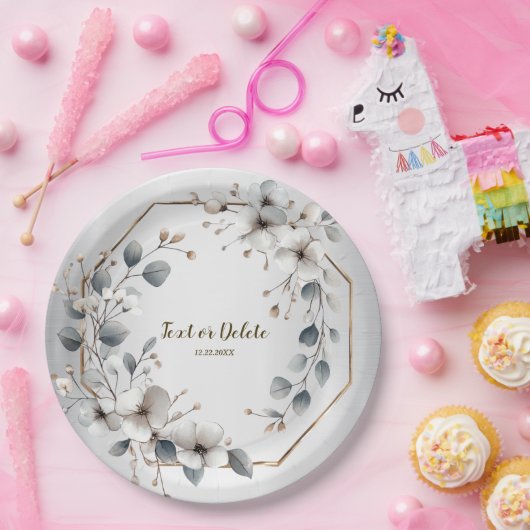 Weißfarbene Blume Golden Frame Silber Aquamarin Pappteller (Party)