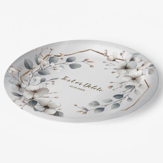 Weißfarbene Blume Golden Frame Silber Aquamarin Pappteller (Schrägansicht)