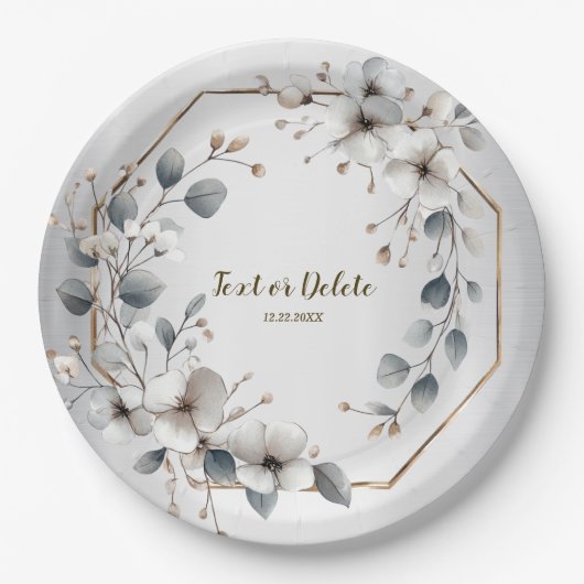 Weißfarbene Blume Golden Frame Silber Aquamarin Pappteller (Vorderseite)
