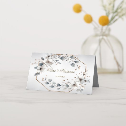 Weißfarbene Blume Golden Frame Silber Aquamarin Platzkarte (Rückseite)