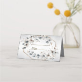 Weißfarbene Blume Golden Frame Silber Aquamarin Platzkarte (Vorderseite)