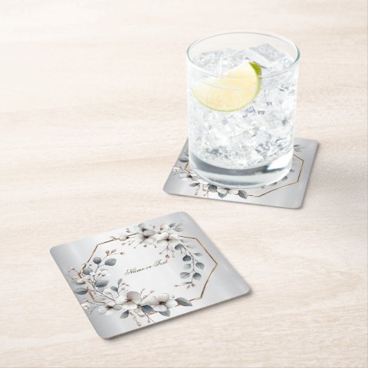 Weißfarbene Blume Golden Frame Silber Aquamarin Rechteckiger Pappuntersetzer (Vor Ort)