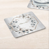 Weißfarbene Blume Golden Frame Silber Aquamarin Rechteckiger Pappuntersetzer (angewinkelt)