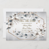 Weißfarbene Blume Golden Frame Silber Aquamarin Save The Date (Vorderseite)