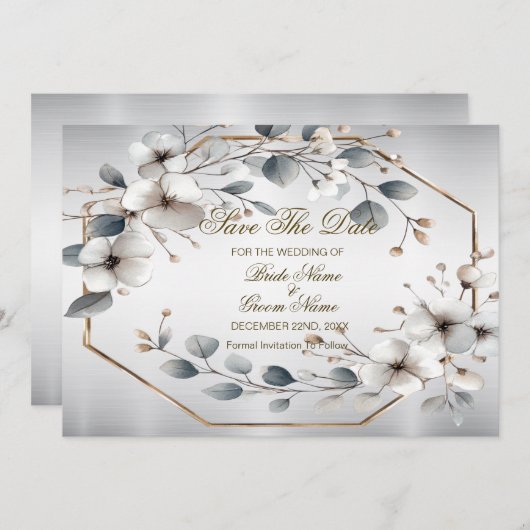 Weißfarbene Blume Golden Frame Silber Aquamarin Save The Date (Vorne/Hinten)