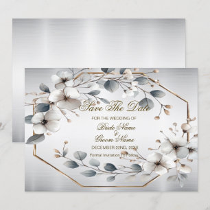 Weißfarbene Blume Golden Frame Silber Aquamarin Save The Date