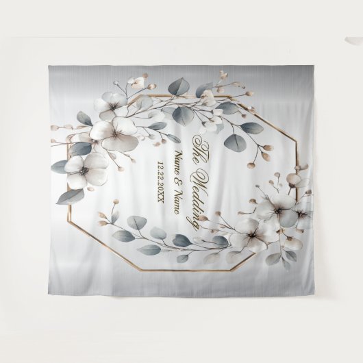 Weißfarbene Blume Golden Frame Silber Aquamarin Wandteppich (Vorderseite (Horizontal))