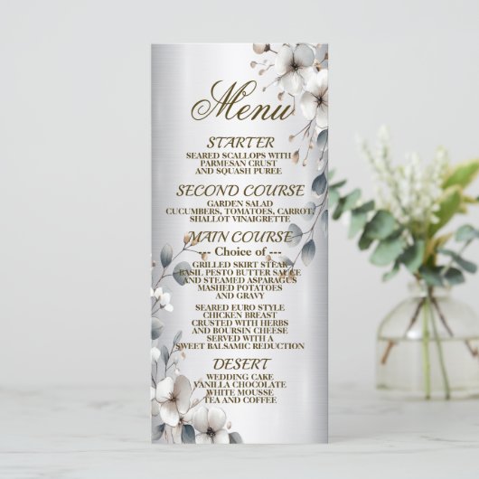 Weißfarbene Blume Goldener Rahmen Silber Abendesse Menükarte (Stehend Vorderseite)