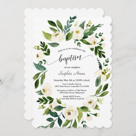 Weißfarbene Blume Goldkreuz Taufe Einladung (Vorne/Hinten)