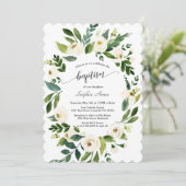 Weißfarbene Blume Goldkreuz Taufe Einladung (Stehend Vorderseite)