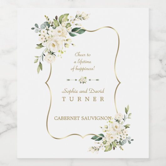 Weißfarbene Blume Goldrahmen Hochzeit Weinetikett (Einzelnes Label)