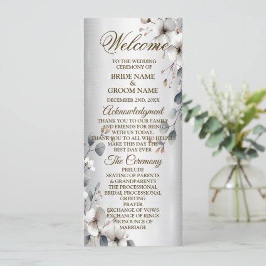Weißfarbene Blume Goldrahmen Silber Hochzeit Programm (Stehend Vorderseite)
