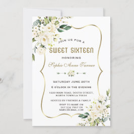 Weißfarbene Blume Goldrahmen Sweet 16 Einladung