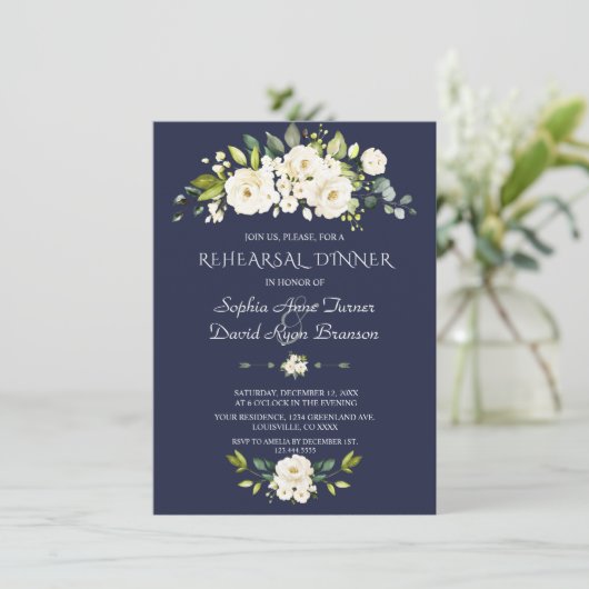 Weißfarbene Blume Navy Probe Dinner Einladung (Stehend Vorderseite)