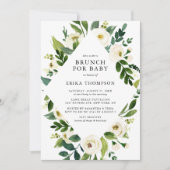 Weißfarbene Blume Rahmen Babydusche Brunch Einladung (Vorderseite)