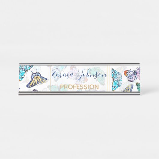 Weißfarbene Schmetterlinge Schreibtischnamensplakette (Vorderseite )