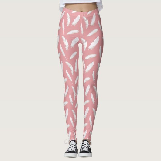 Weißfederdruck auf Muschel Rosa Leggings (Vorderseite)