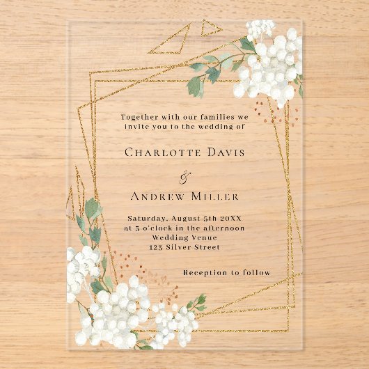Weißfloralen goldener Rahmen klare Hochzeit Acryleinladungen (Vorderseite)