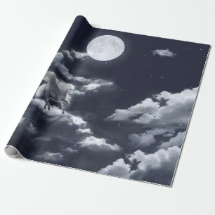 Weißflügelpferd fliegt am Himmel bei Vollmond Geschenkpapier