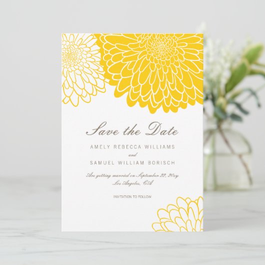 Weißgelbes Chrysanthemum Save the Date einfach Einladung (Stehend Vorderseite)