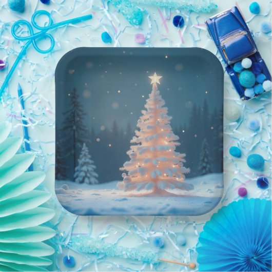 Weißglühender Weihnachtsbaum im Schnee Pappteller (Party)