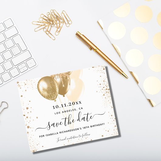 Weißgoldballons zum Geburtstag Save the Date Karte