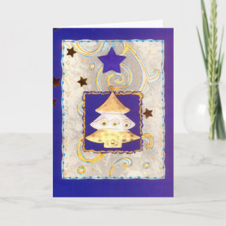 WEISSGOLDENER WEIHNACHTSBAUM auf Blau mit Sternen Feiertagskarte
