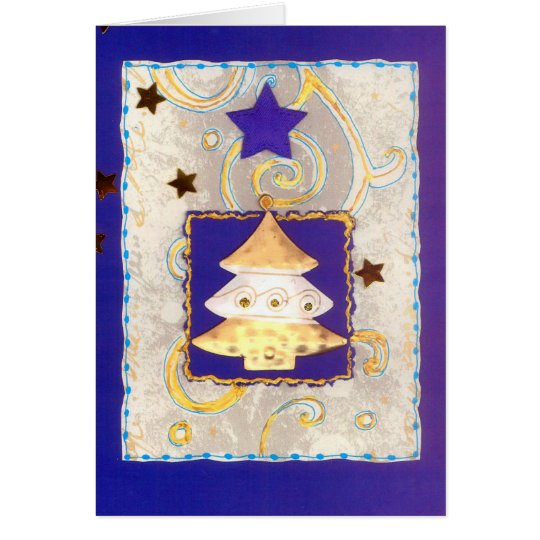 WEISSGOLDENER WEIHNACHTSBAUM auf Blau mit Sternen Karte