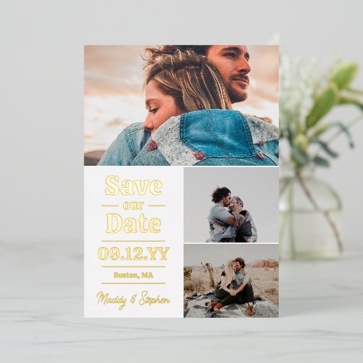 Weißgoldtypografie-FotoCollage Save the Date Folieneinladung (Stehend vorne)