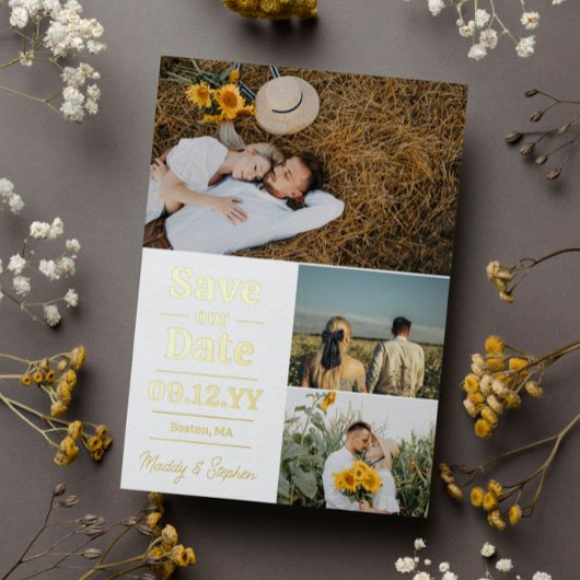Weißgoldtypografie-FotoCollage Save the Date Folieneinladung