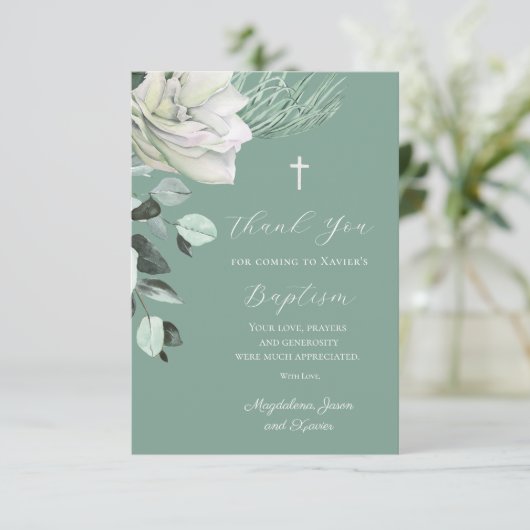 Weißgrüner Bouquet Taufe Dankeskarte (Stehend Vorderseite)