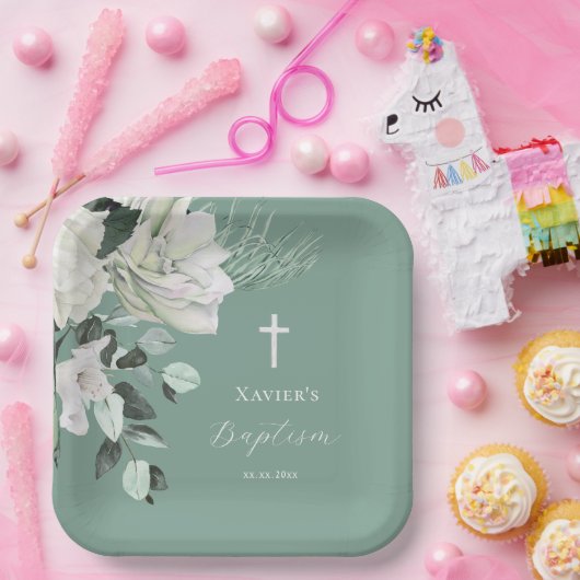 Weißgrüner Bouquet Taufe Pappteller (Party)