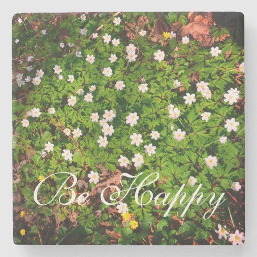 Weißholz Anemone Frühlingsblumen glücklich sein Steinuntersetzer (Vorderseite)