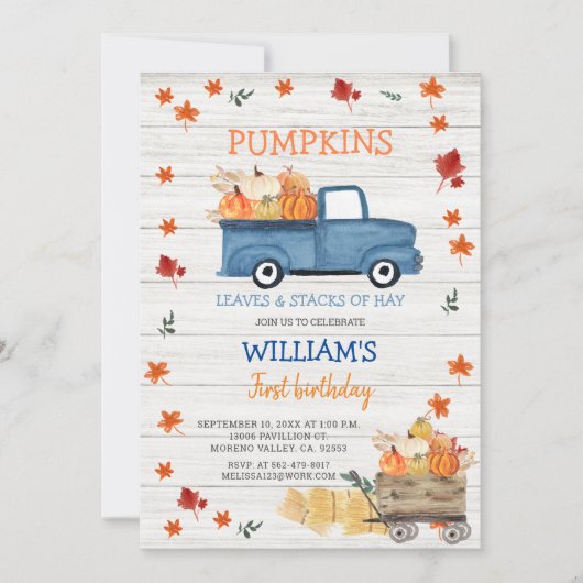 Weißholz Erster kleiner königsblauer LKW Geburtsta Einladung (Vorderseite)